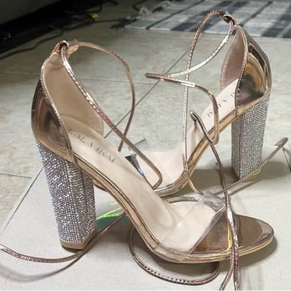 Gold and Silver Rhinestone Chunky Heel Sandals with Delicate Straps